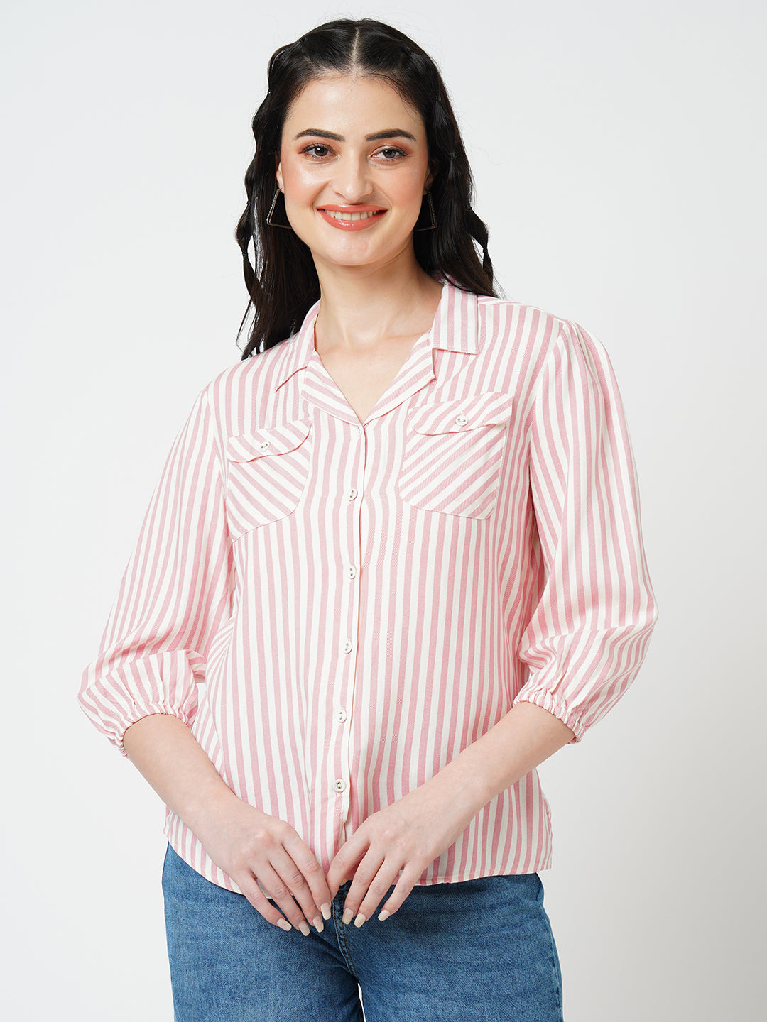 Buy Women Peach /White Striped Three-Quarter Sleeves Shirts