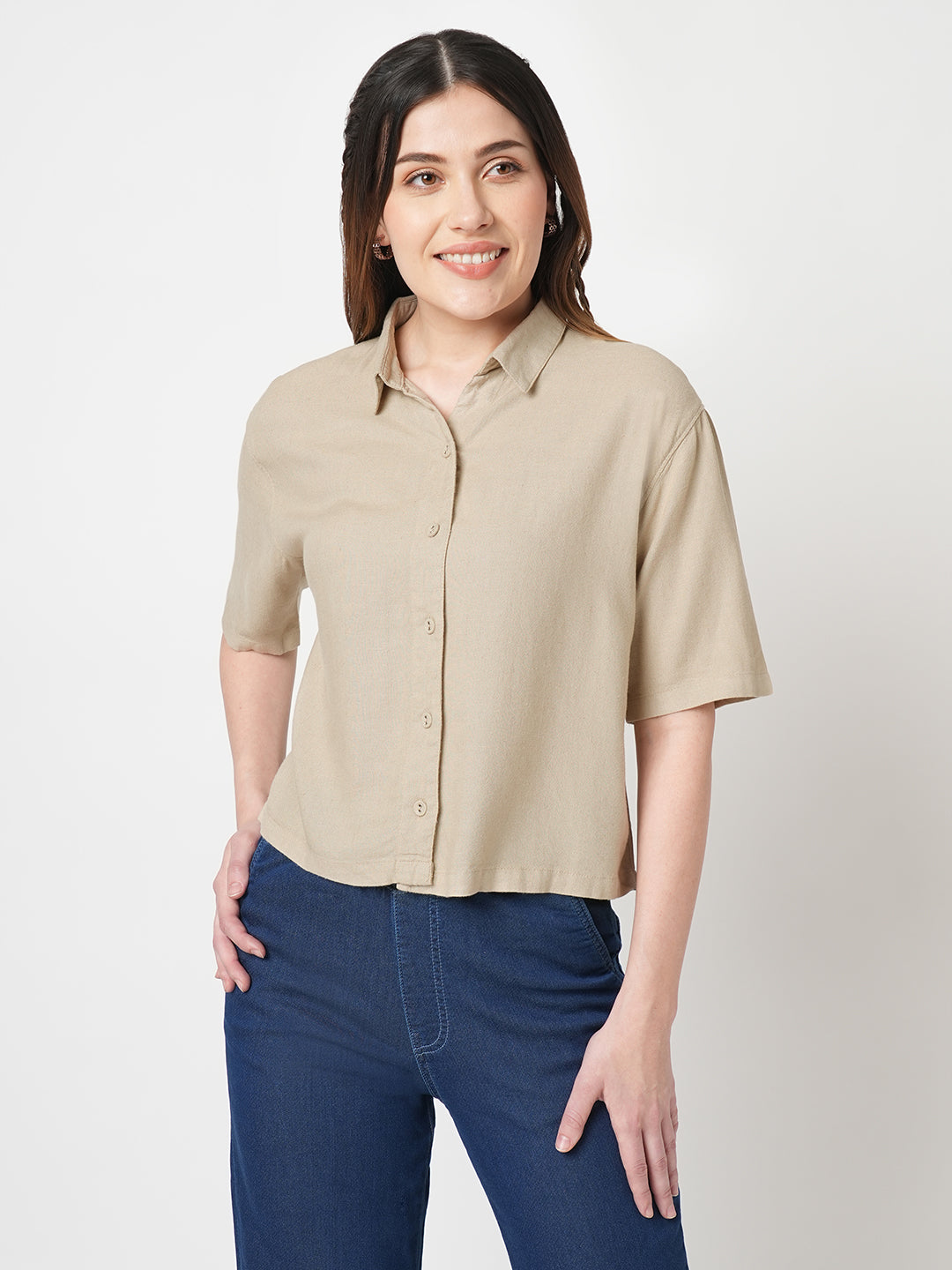 Women Solid Slim Fit Oatmilk Shirt