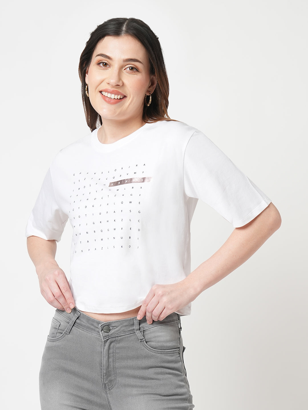 Women Chest Printed Slim Fit White Crop T-Shirt