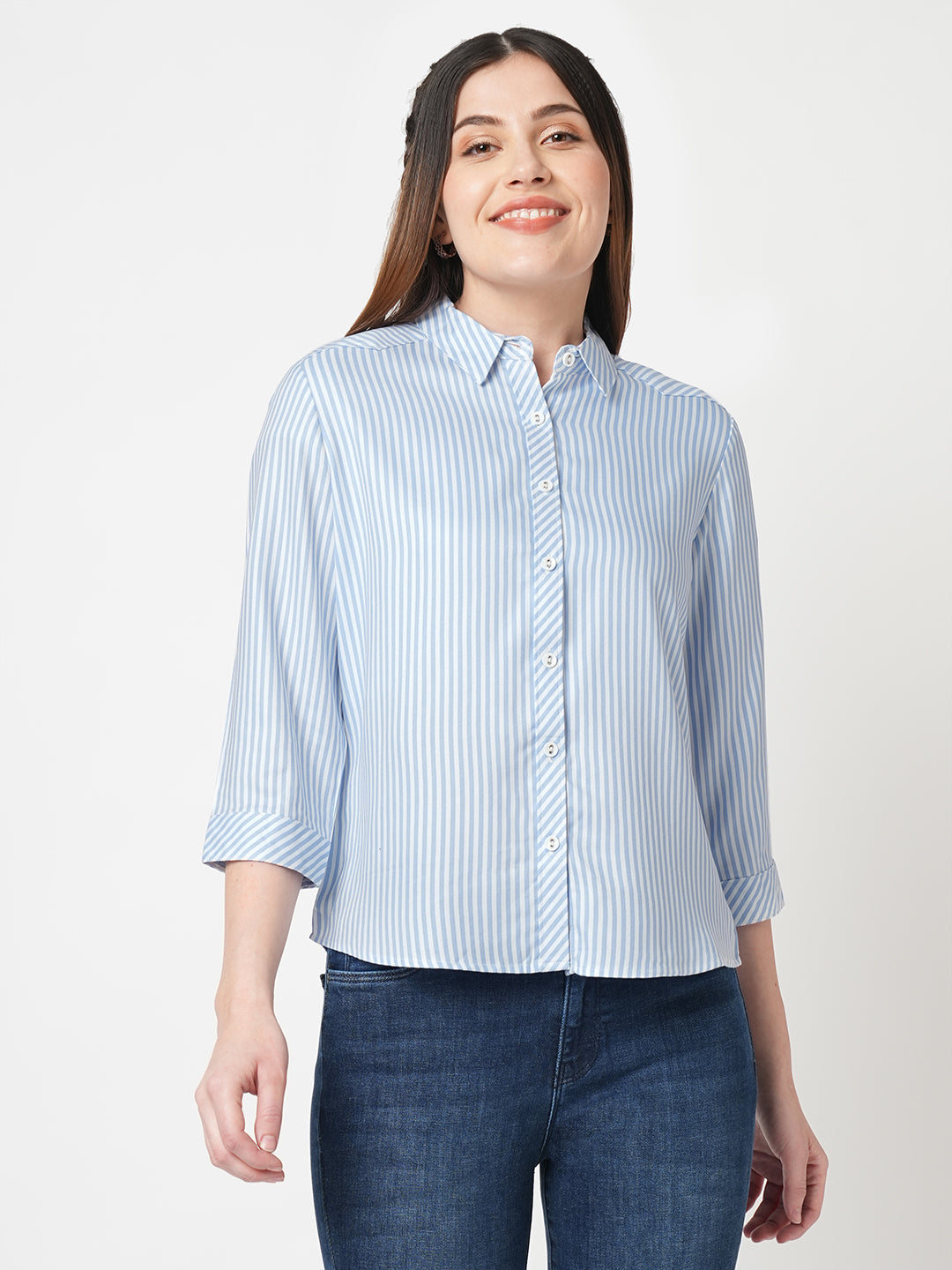 Women Striped Slim Fit Sky White Stripe Shirt