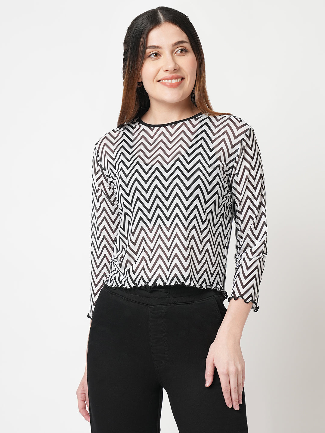 Women Striped Slim Fit Black/White Crop Top