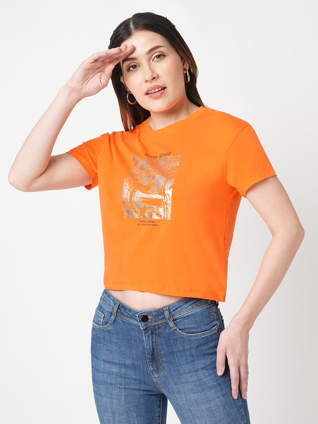 Women Chest Printed Slim Fit Tangerine Crop T-Shirt