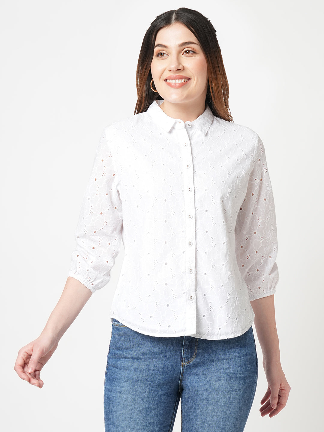 Women Self Design Slim Fit White Schiffli Shirt