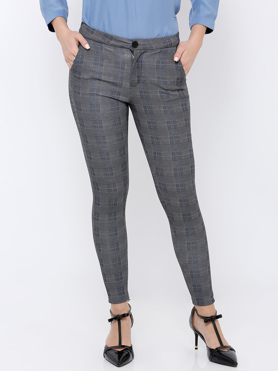 Mid Rise Glen Check Trousers - Grey - Just $7