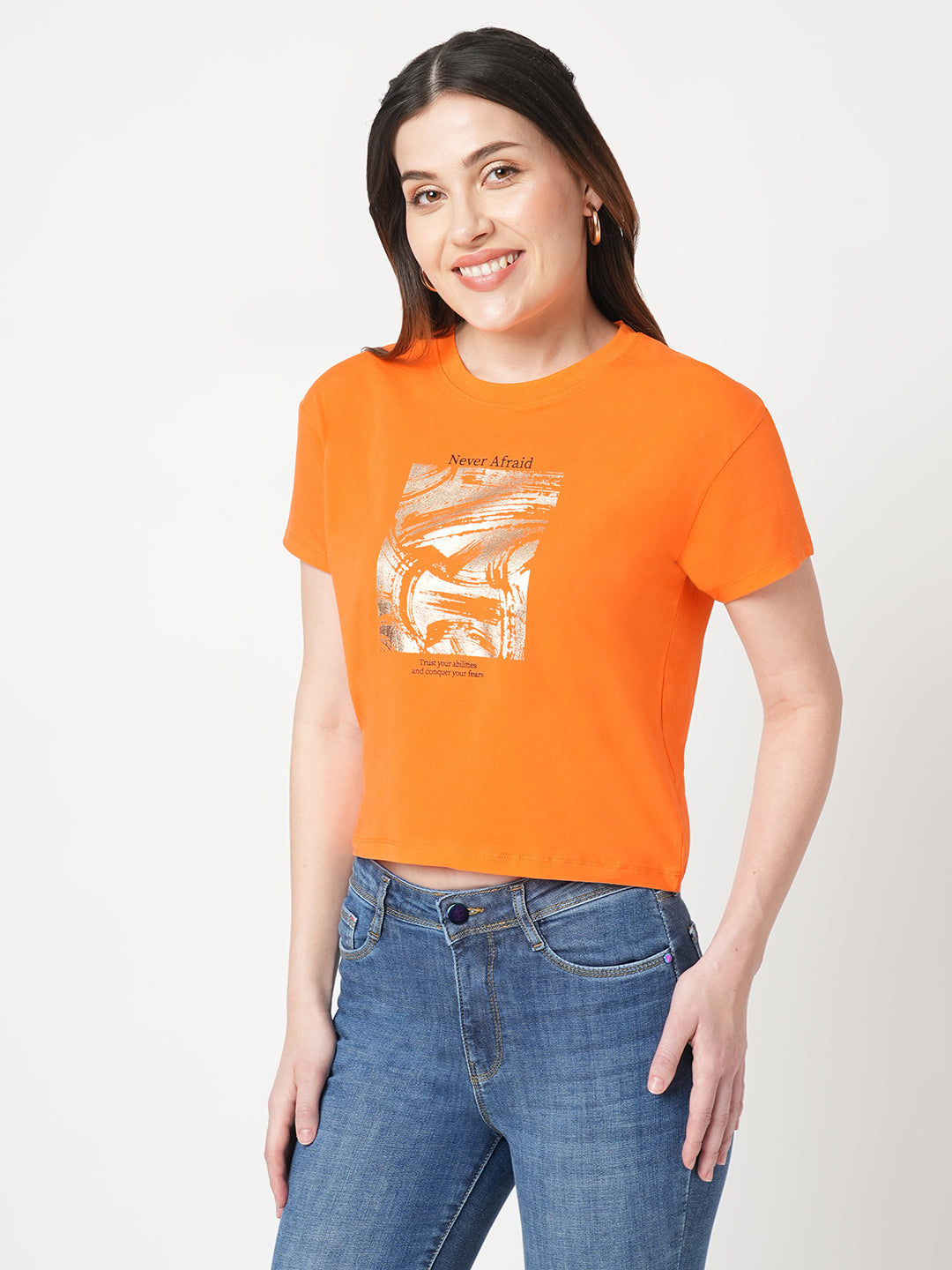 Women Chest Printed Slim Fit Tangerine Crop T-Shirt