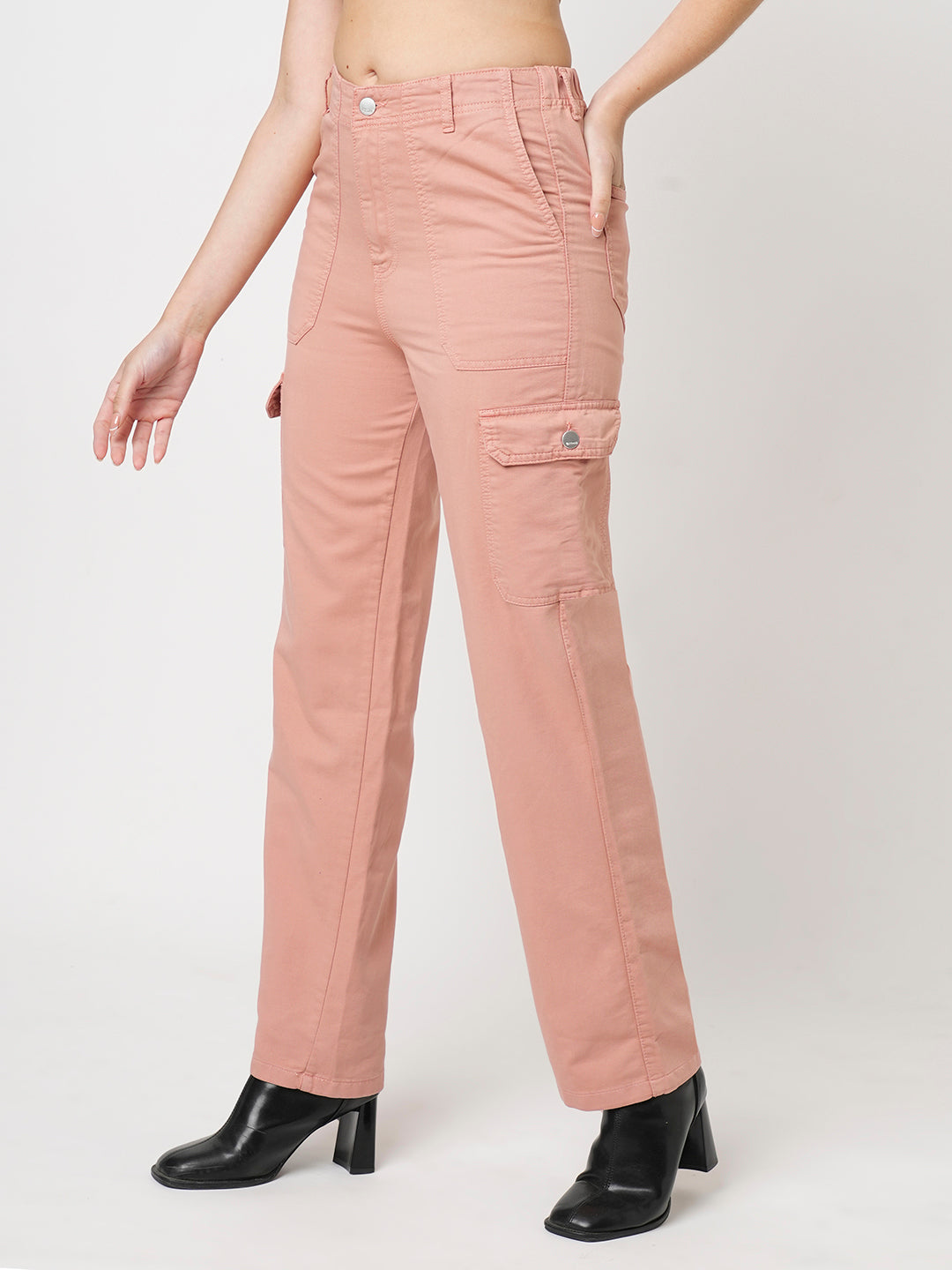 Women Blush Pink High-Rise Cargo