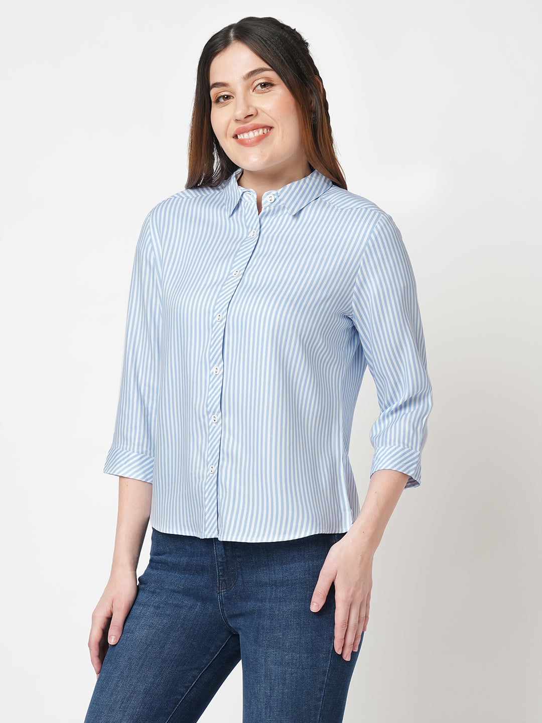 Women Striped Slim Fit Sky White Stripe Shirt