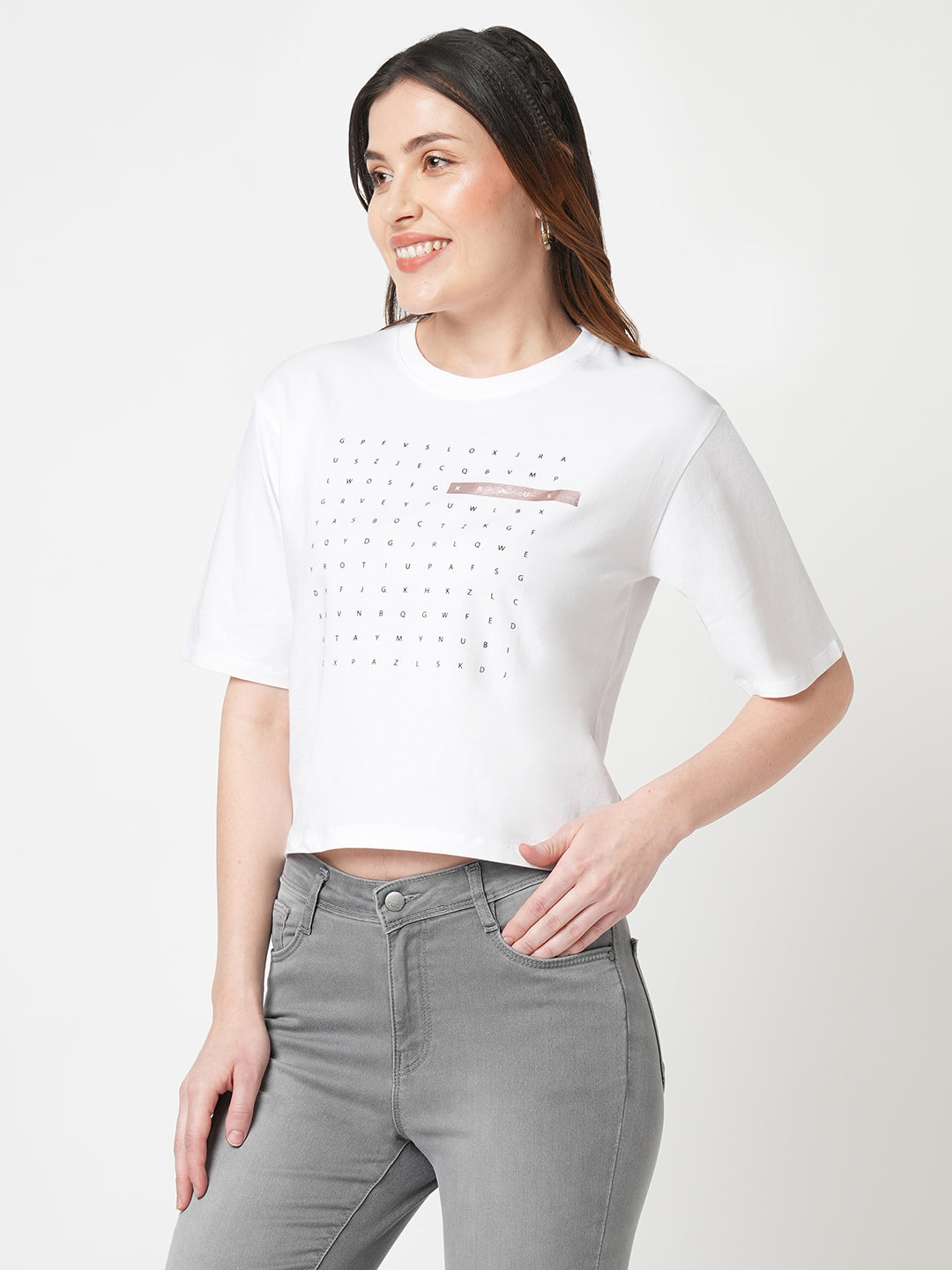 Women Chest Printed Slim Fit White Crop T-Shirt