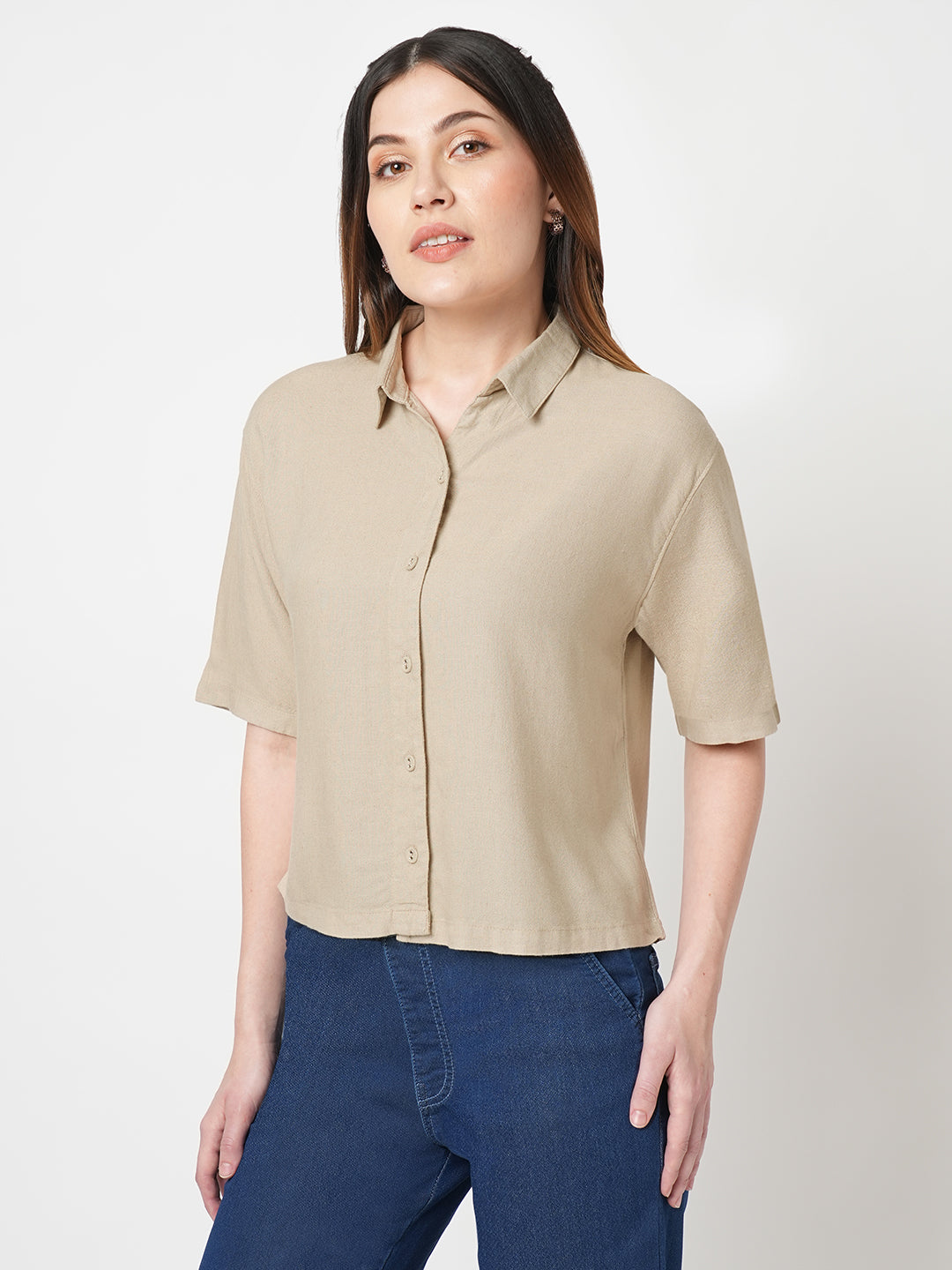 Women Solid Slim Fit Oatmilk Shirt