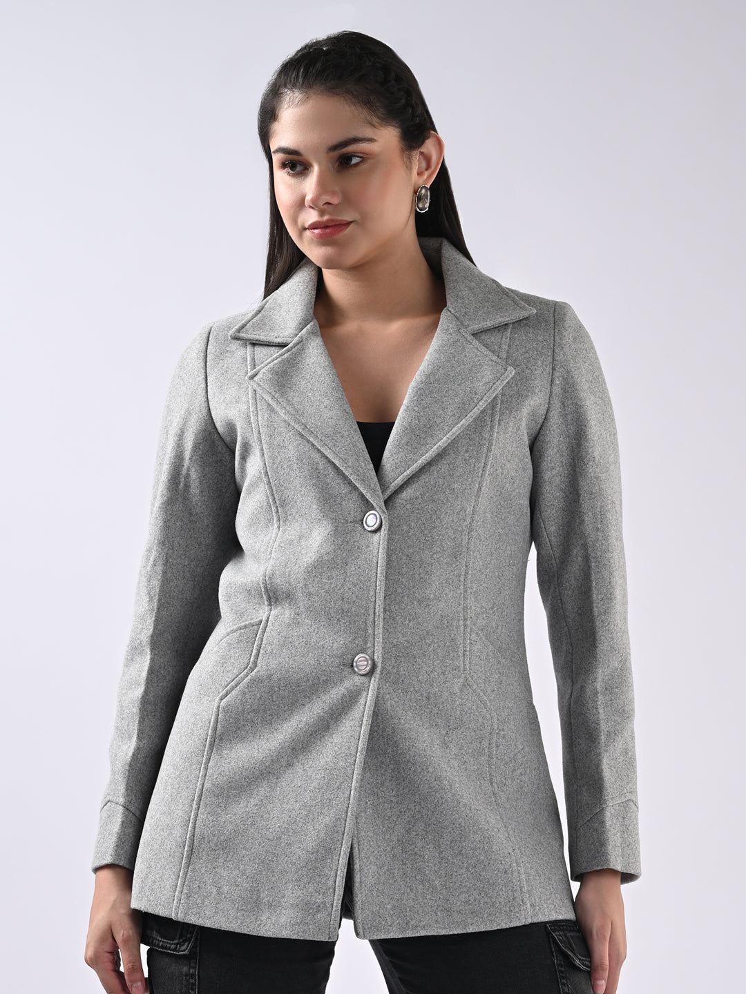 Women Solid Long Sleeves Grey Jacket