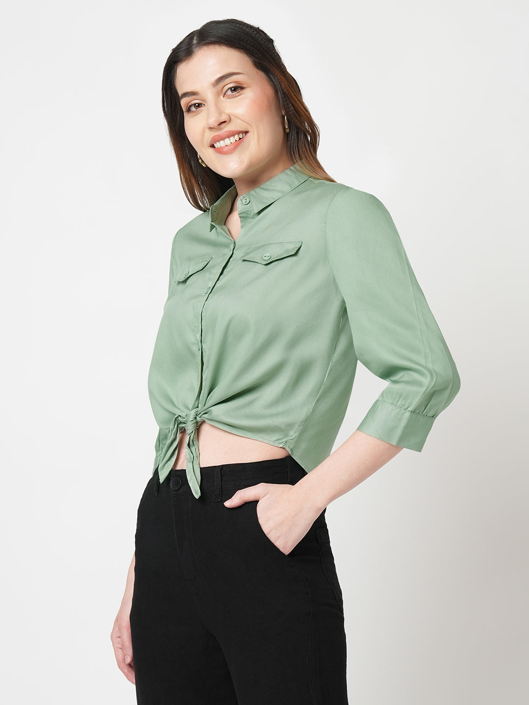 Women Solid Slim Fit Mint Crop Shirts