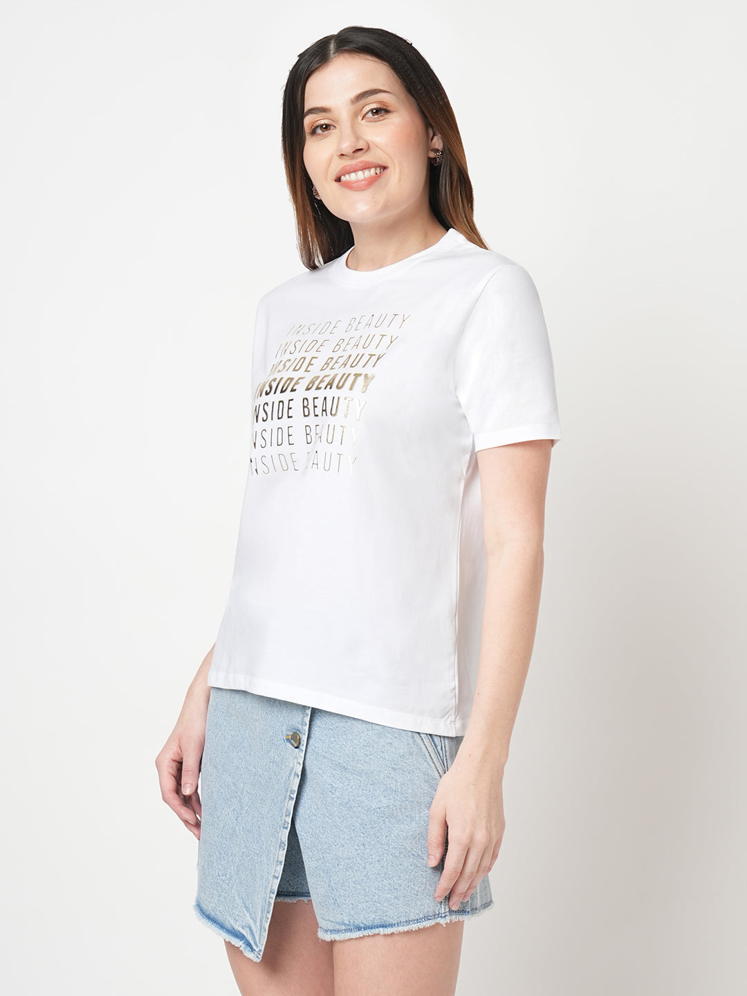 Women Chest Printed Slim Fit White Boxy T-Shirt