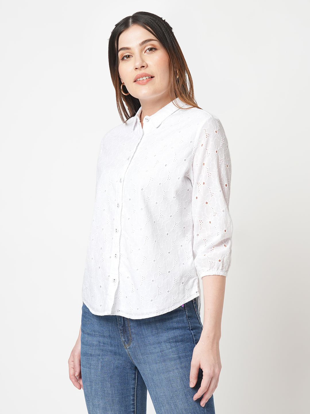 Women Self Design Slim Fit White Schiffli Shirt