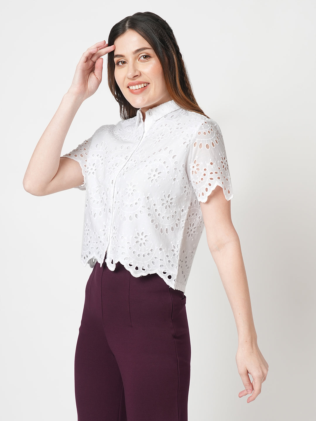 Women Self Design Slim Fit White Crop Schiffli Shirts