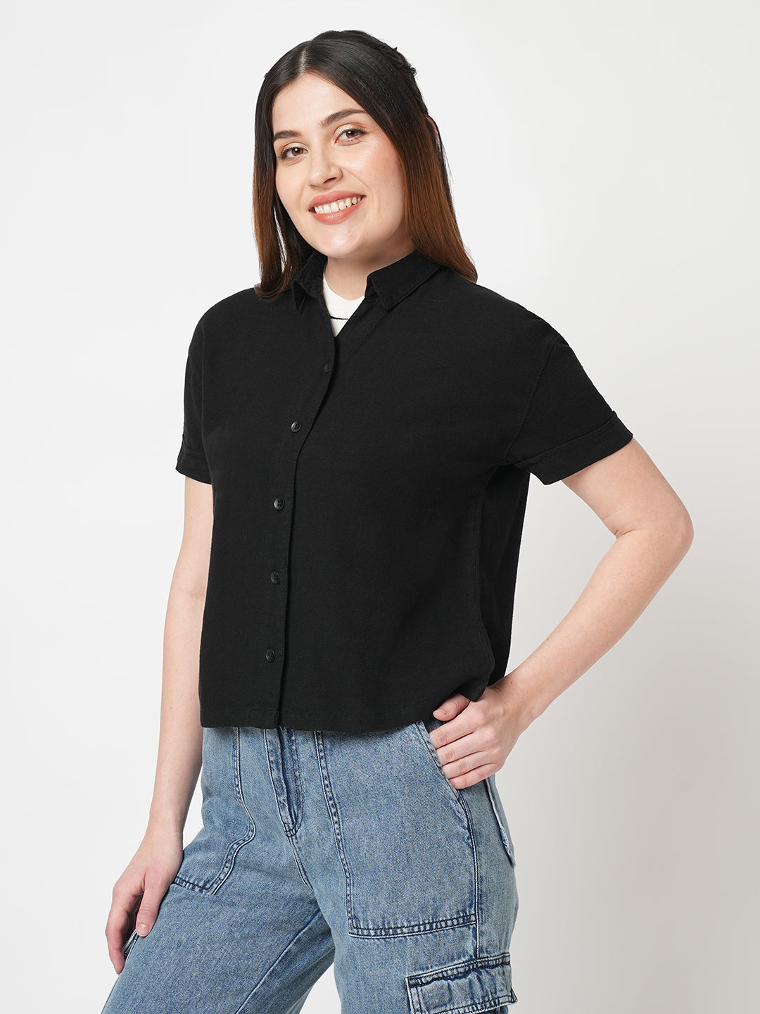 Women Solid Slim Fit Black Shirts