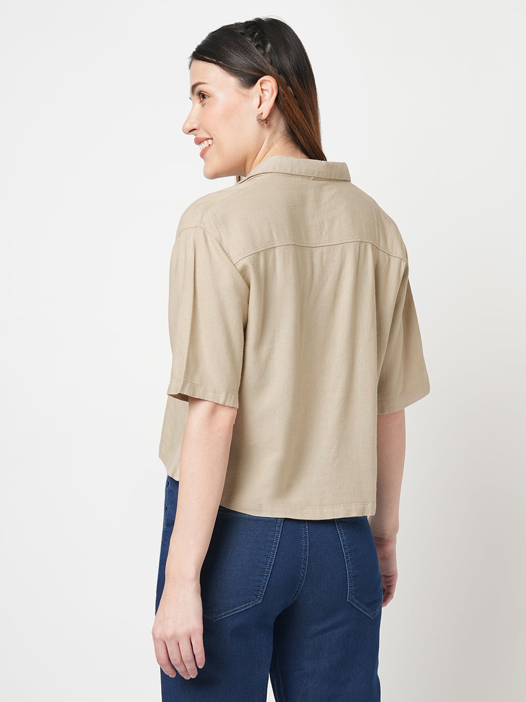 Women Solid Slim Fit Oatmilk Shirt