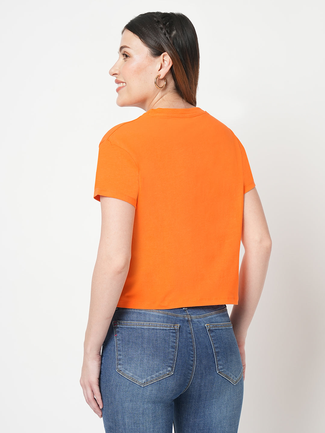 Women Chest Printed Slim Fit Tangerine Crop T-Shirt