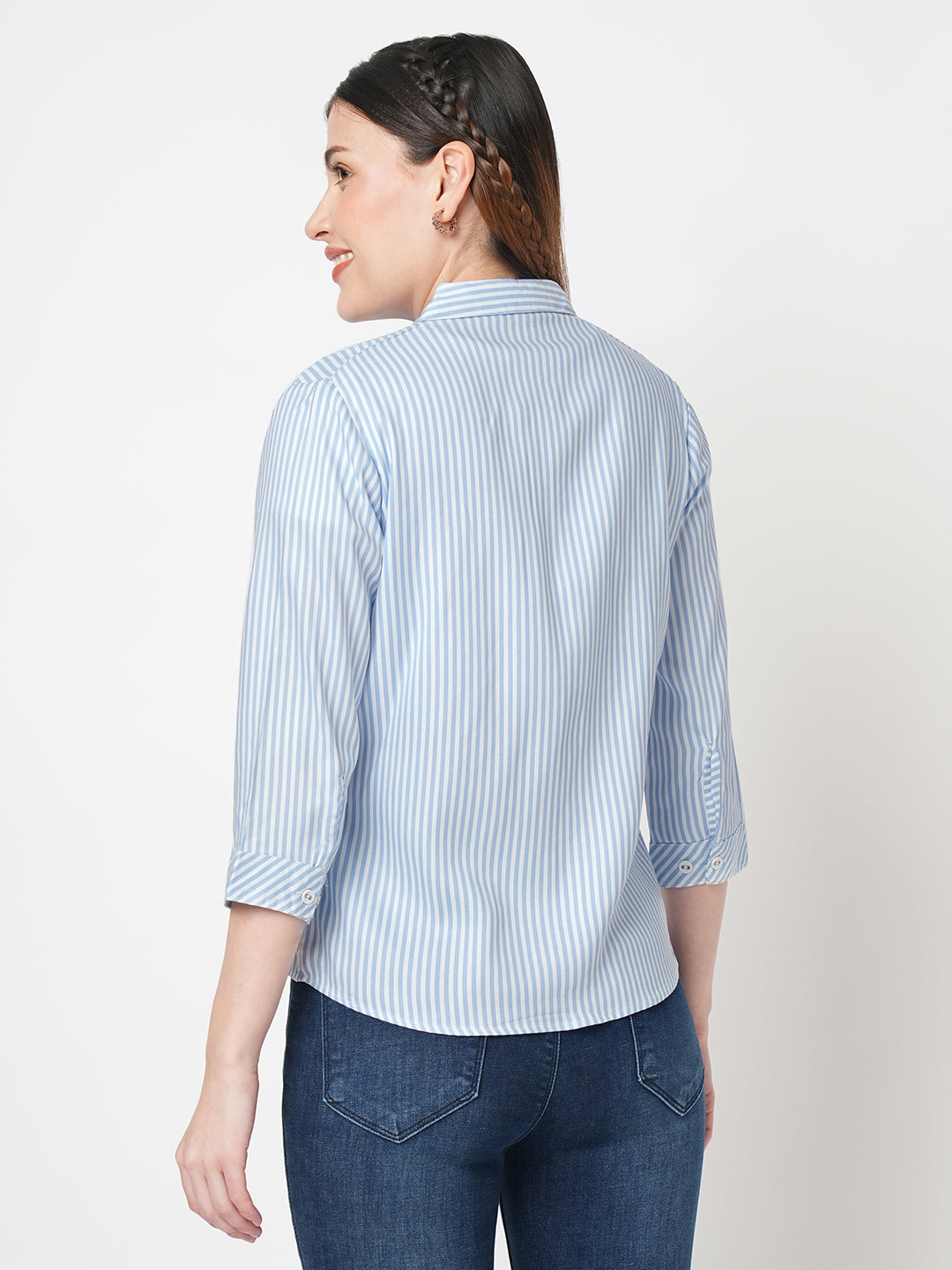 Women Striped Slim Fit Sky White Stripe Shirt