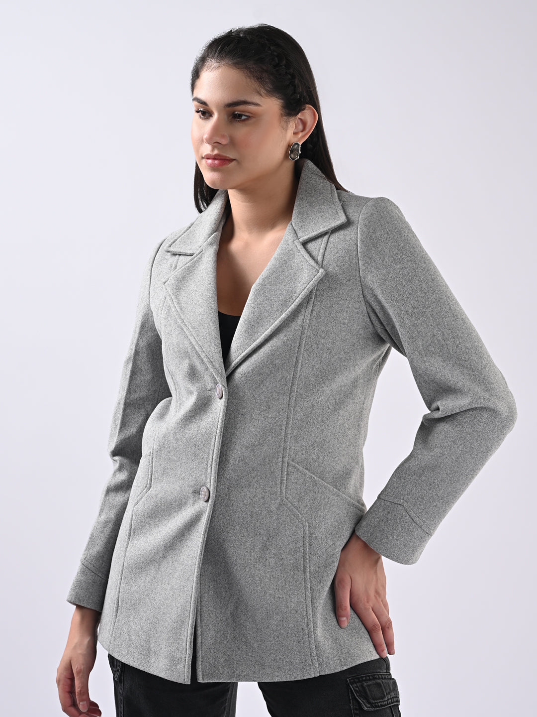 Women Solid Long Sleeves Grey Jacket