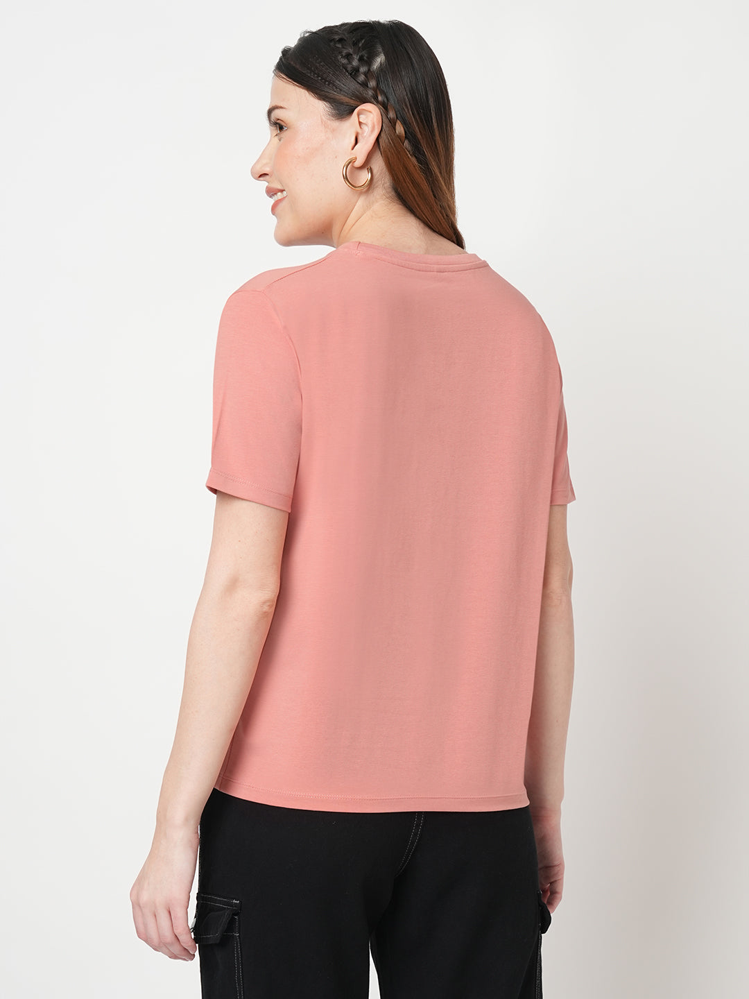 Women Chest Printed Slim Fit Blush Pink Boxy T-Shirt