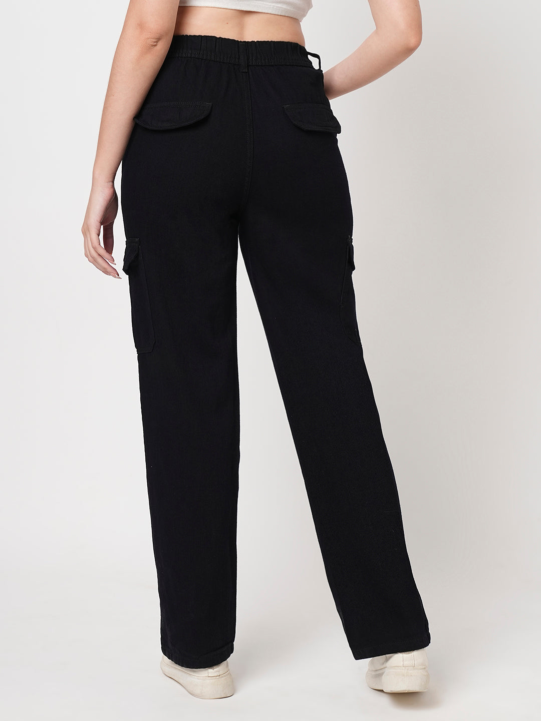 Women Solid Black High-Rise Cargo