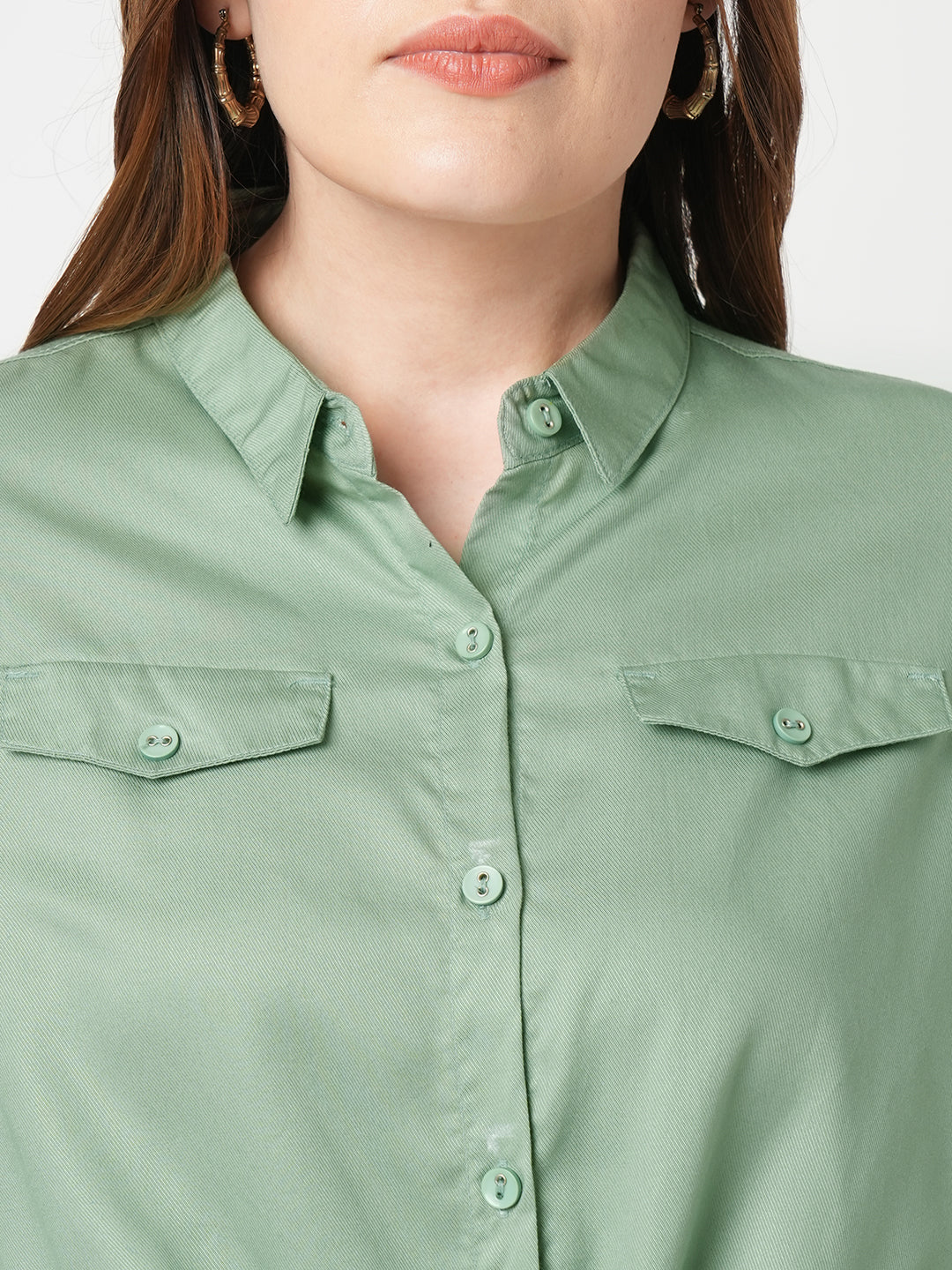 Women Solid Slim Fit Mint Crop Shirts