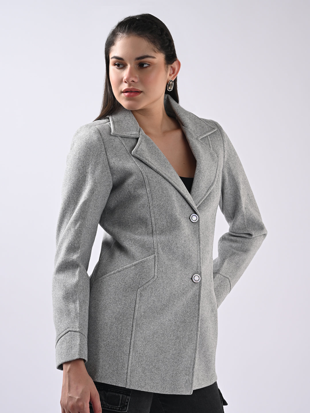 Women Solid Long Sleeves Grey Jacket