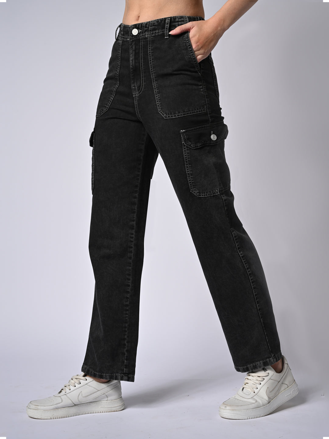 Women High Rise Loose Straight Fit Cargo