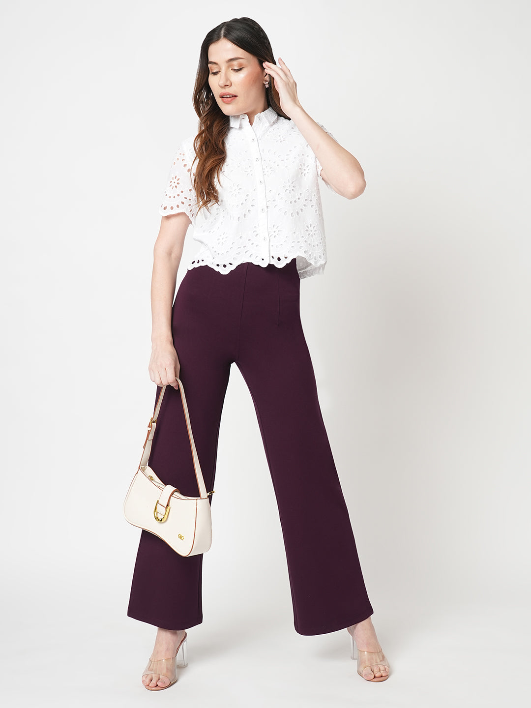 Women Wine High-Rise Wide Leg Tregging