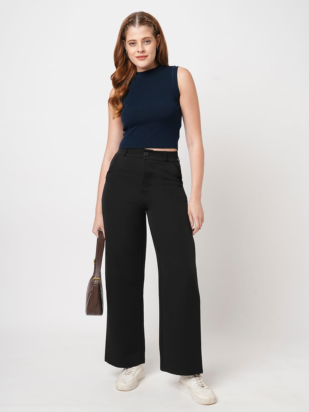 Women Black Mid-Rise Wide Leg Trouser