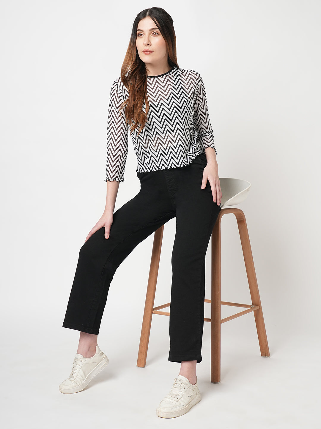 Women Striped Slim Fit Black/White Crop Top