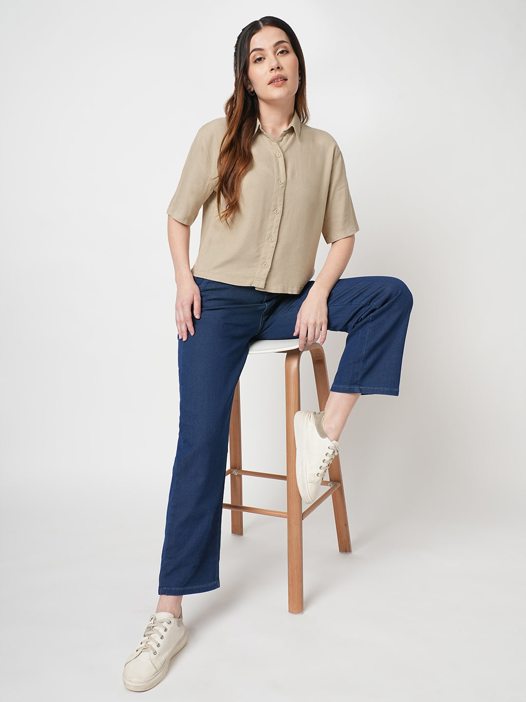 Women Solid Slim Fit Oatmilk Shirt