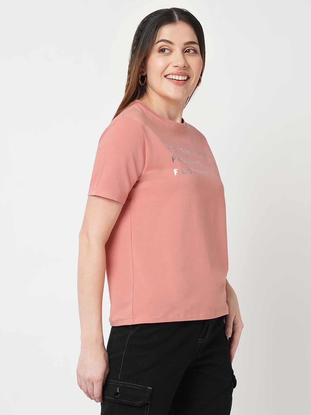 Women Chest Printed Slim Fit Blush Pink Boxy T-Shirt