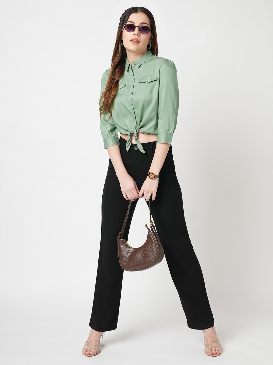 Women Solid Slim Fit Mint Crop Shirts