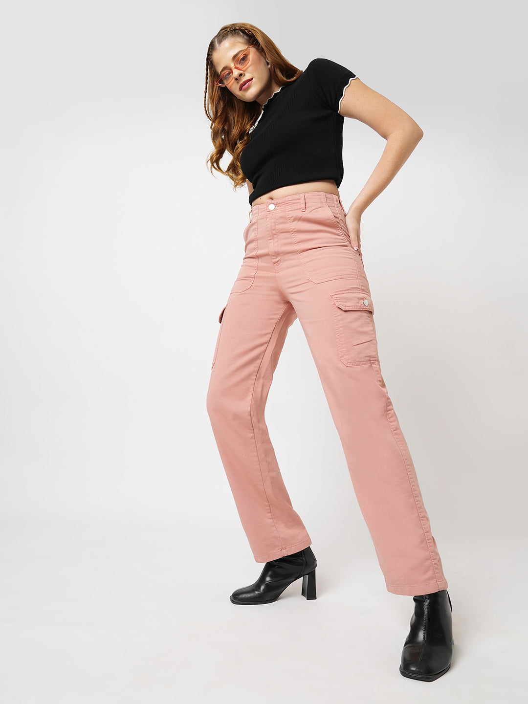 Women Blush Pink High-Rise Cargo