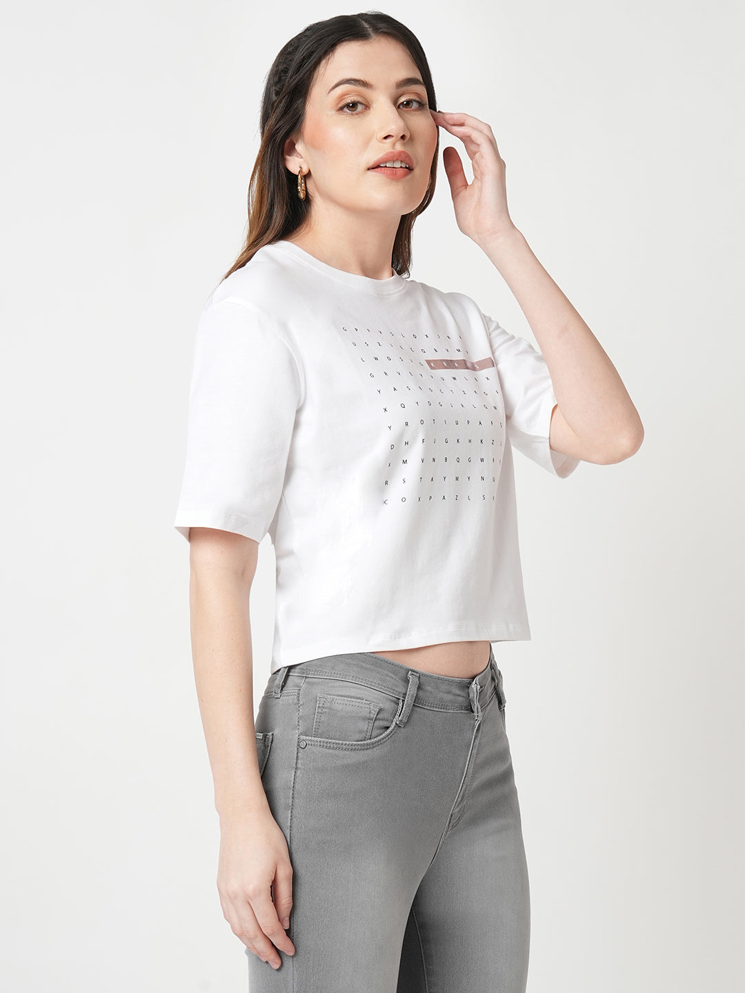 Women Chest Printed Slim Fit White Crop T-Shirt