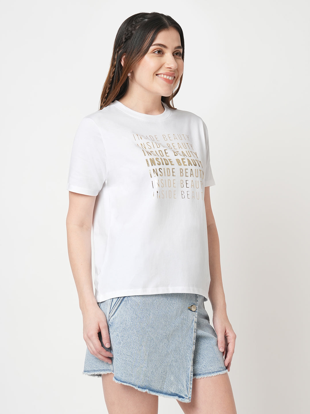 Women Chest Printed Slim Fit White Boxy T-Shirt