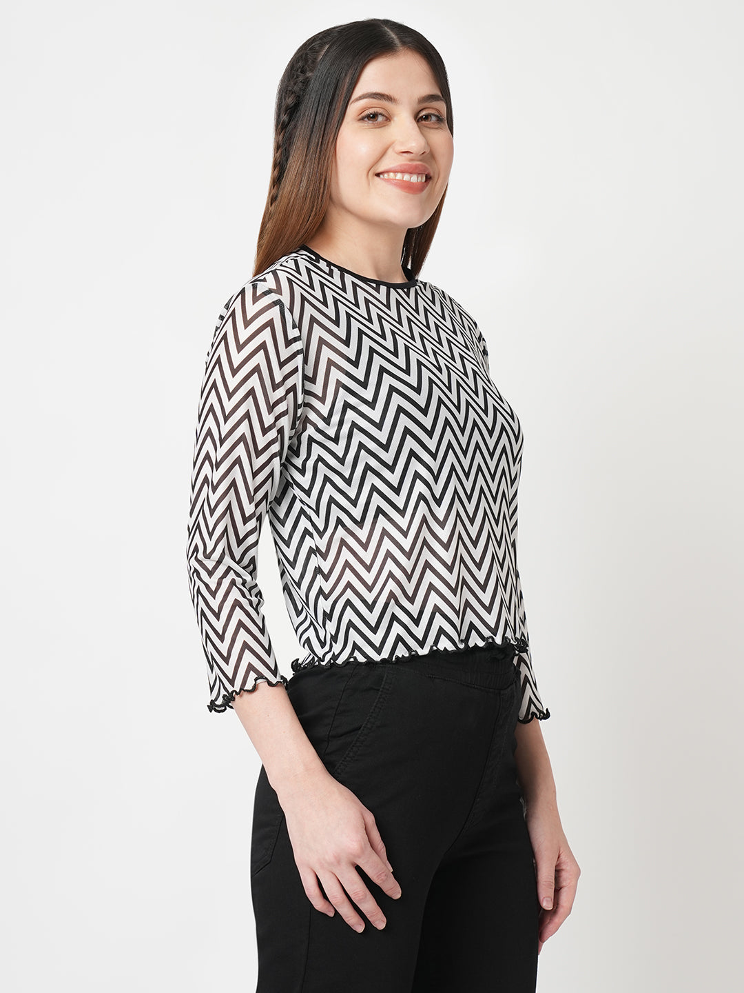 Women Striped Slim Fit Black/White Crop Top