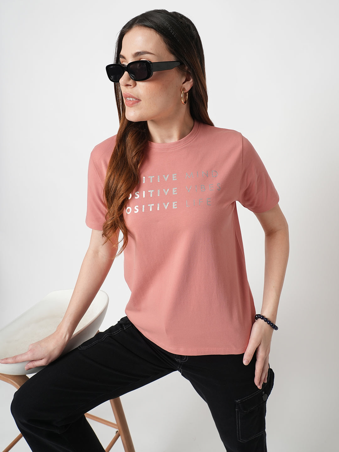 Women Chest Printed Slim Fit Blush Pink Boxy T-Shirt