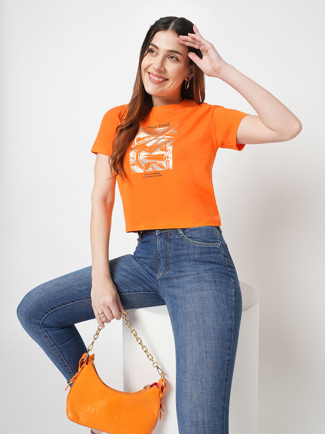 Women Chest Printed Slim Fit Tangerine Crop T-Shirt