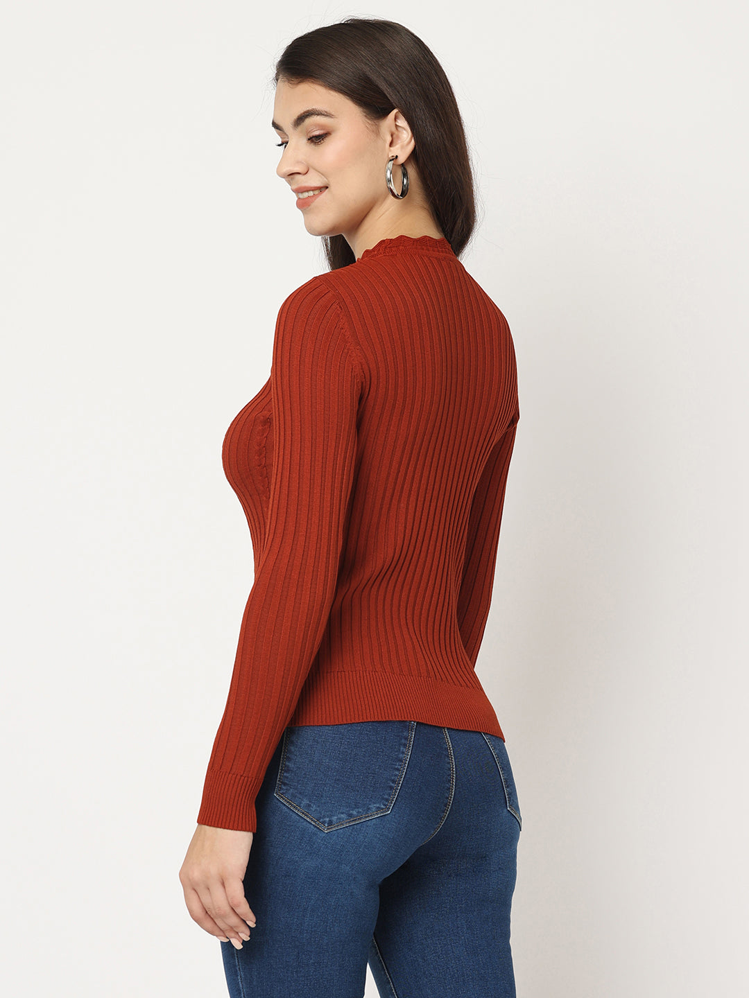 Women Slim Fit Rust Ribbed Sweater