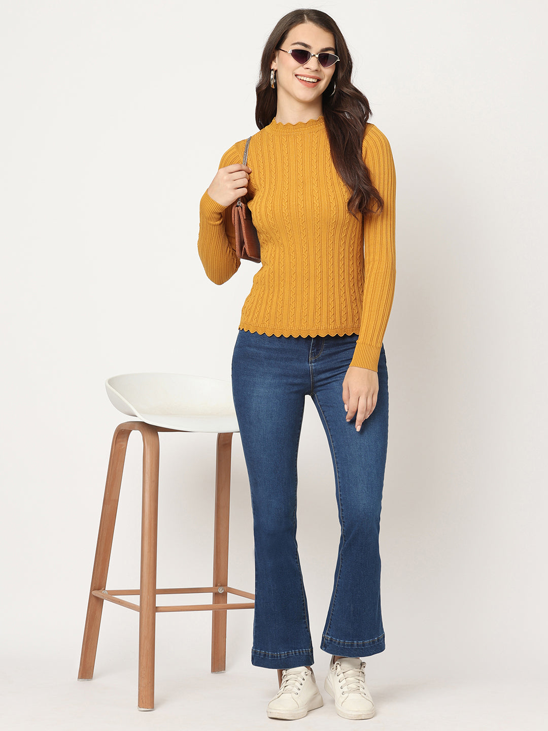 Women Slim Fit Honey Mustard Ribbed Sweater