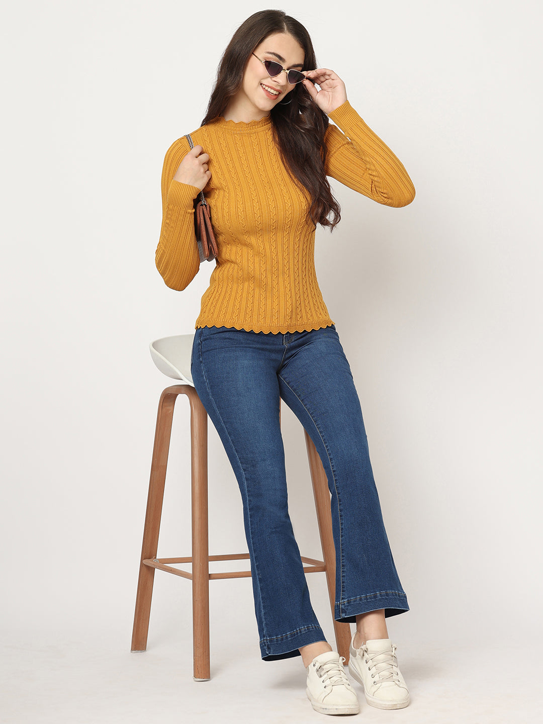 Women Slim Fit Honey Mustard Ribbed Sweater