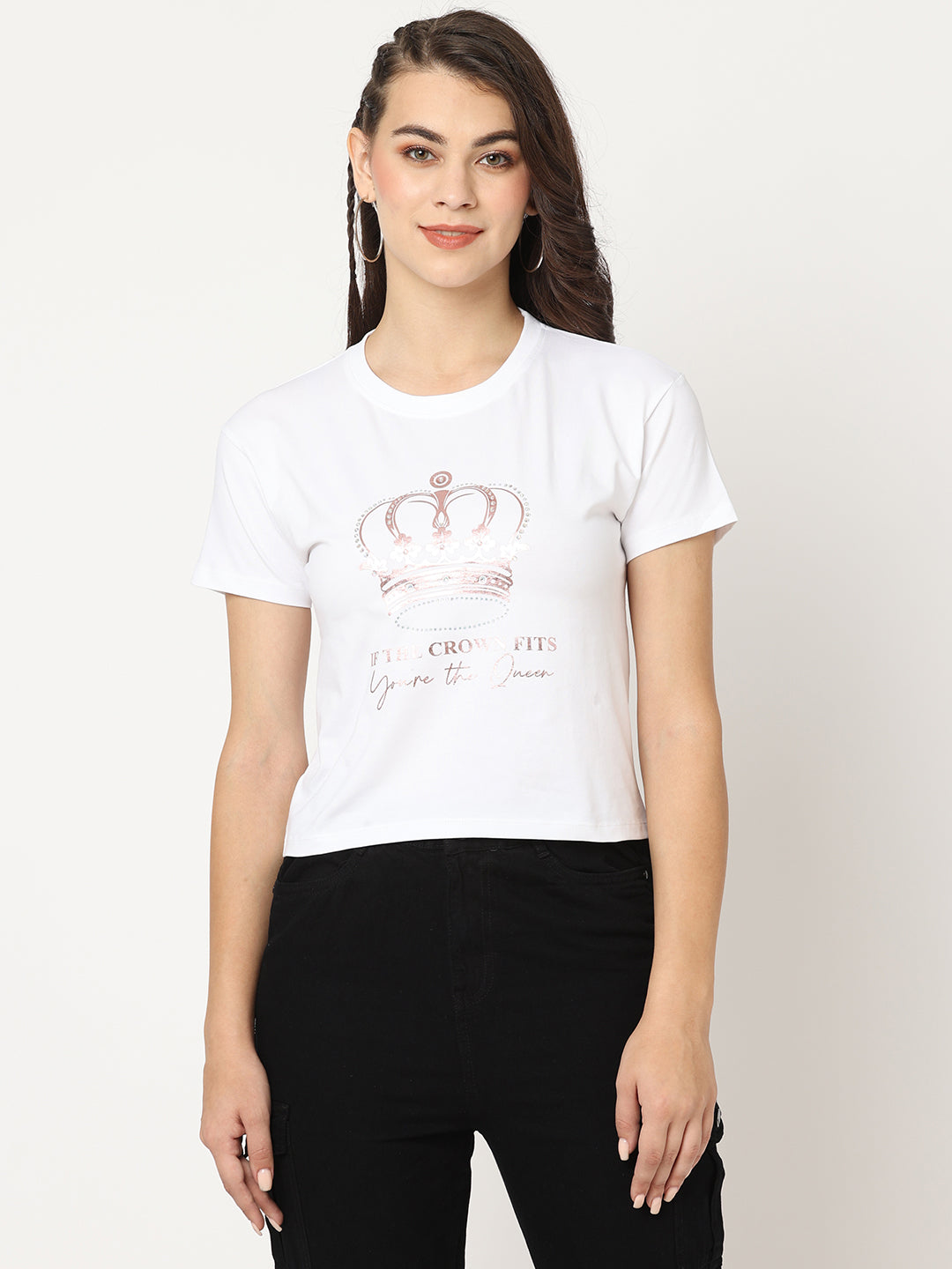 Women Slim Fit White Crop Chest Print T-Shirt