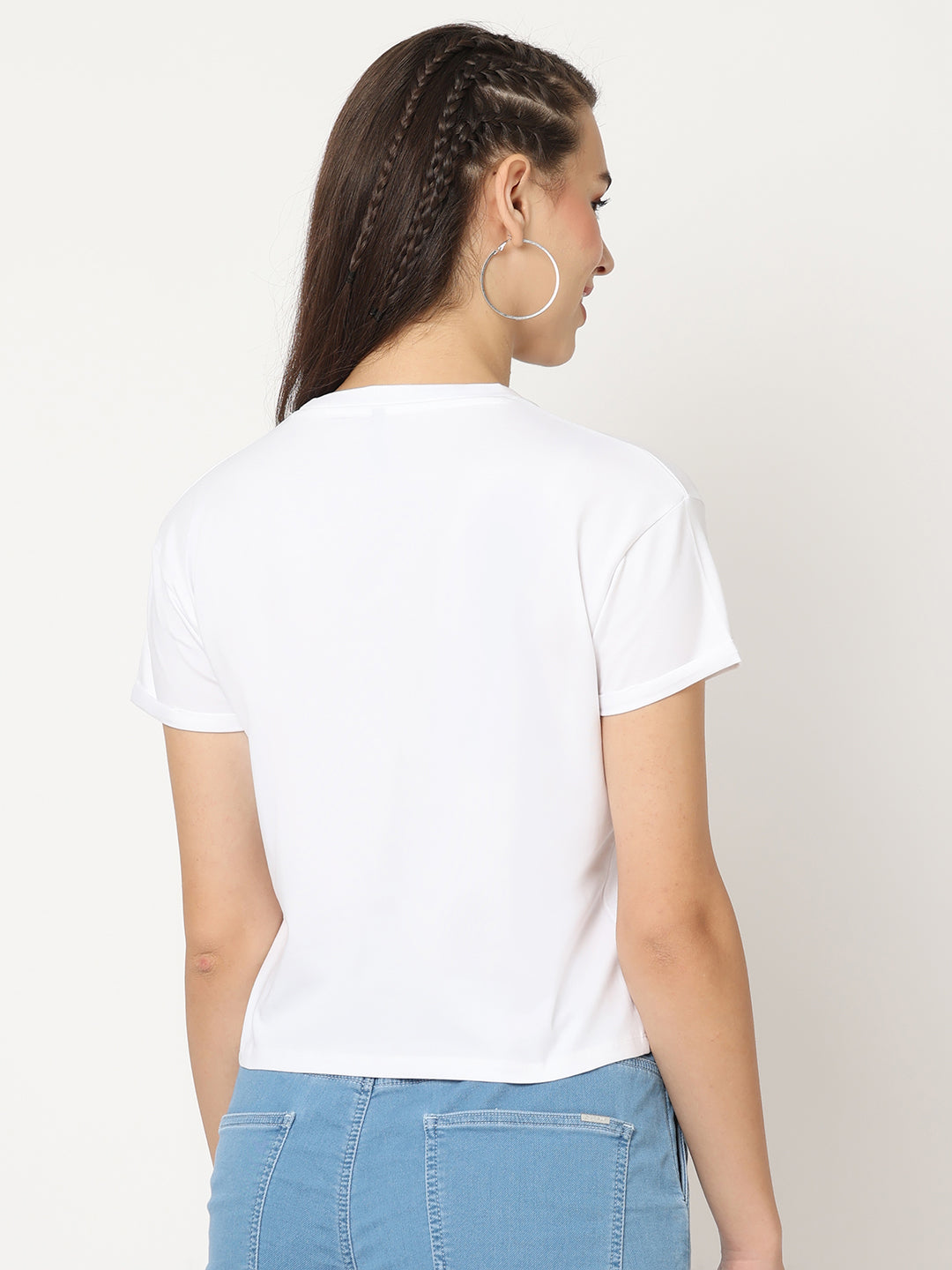 Women Slim Fit White Crop Chest Print T-Shirt