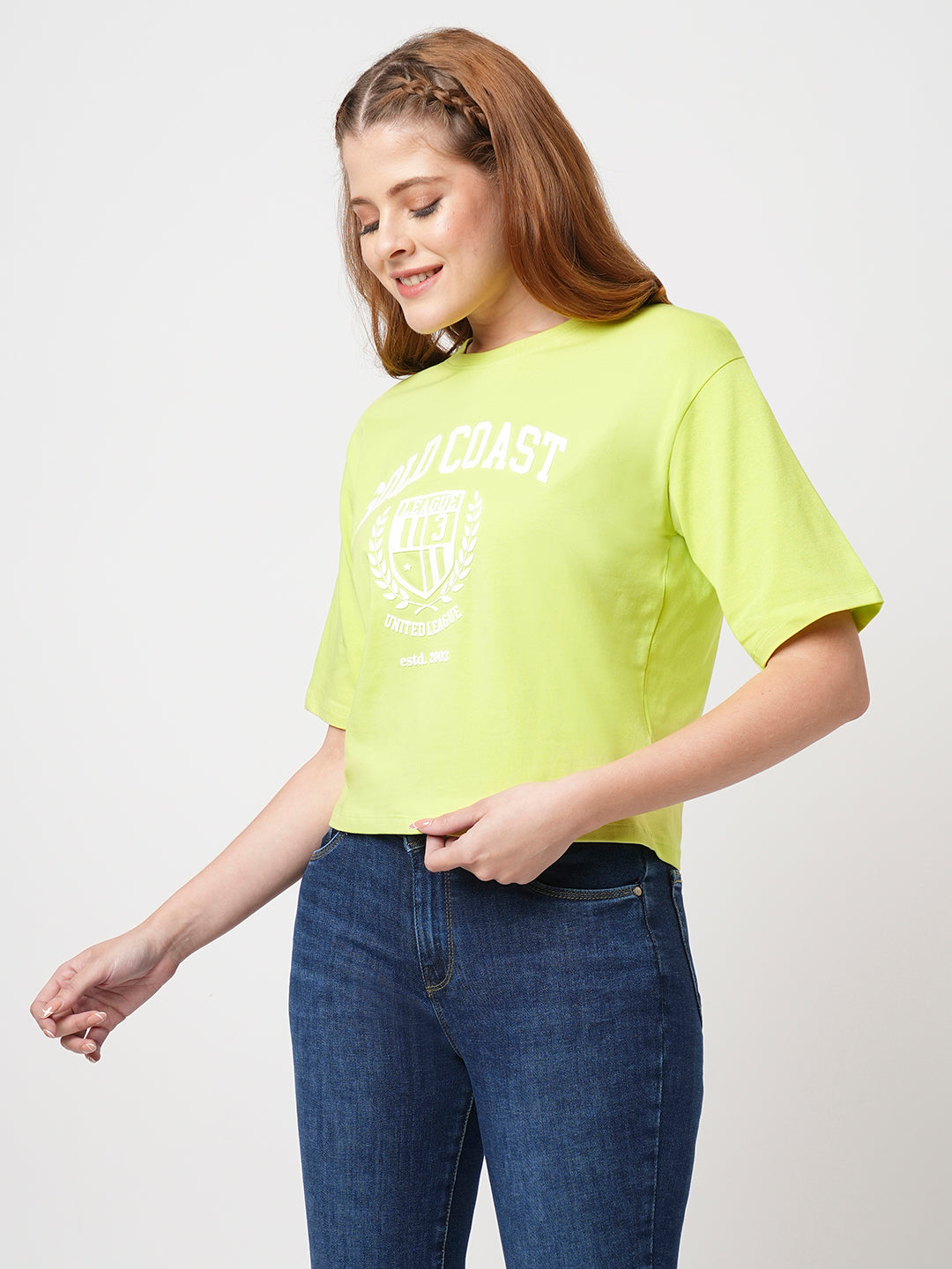 Women Slim Fit  Lime Crop  Graphic Tees