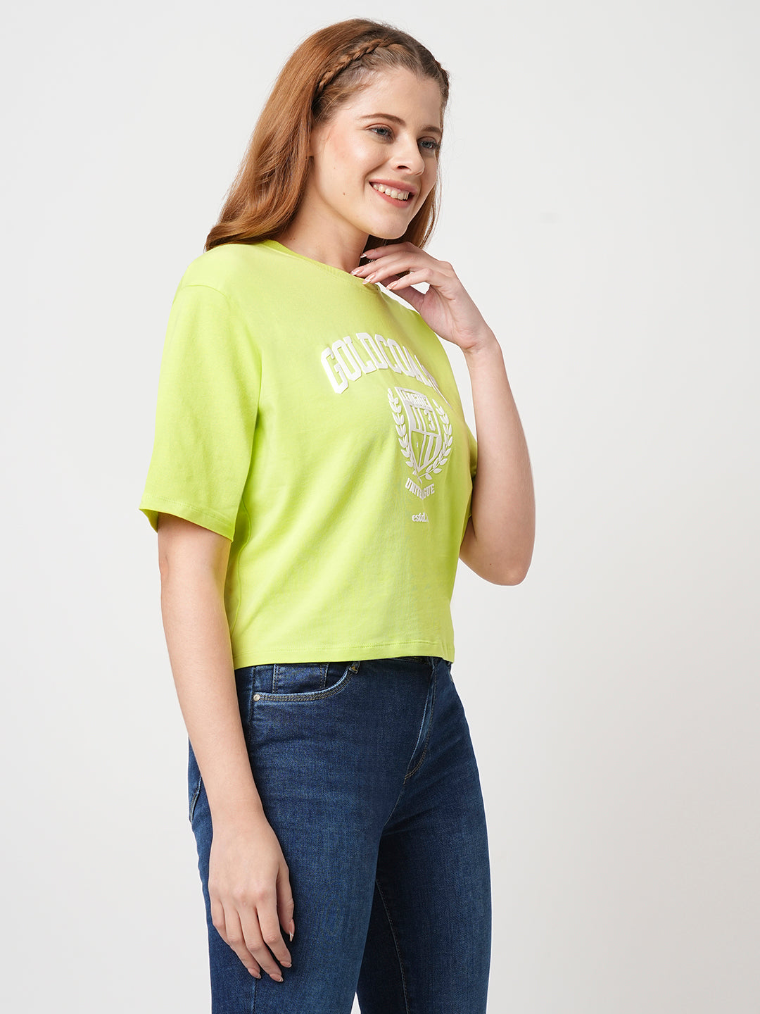 Women Slim Fit  Lime Crop  Graphic Tees