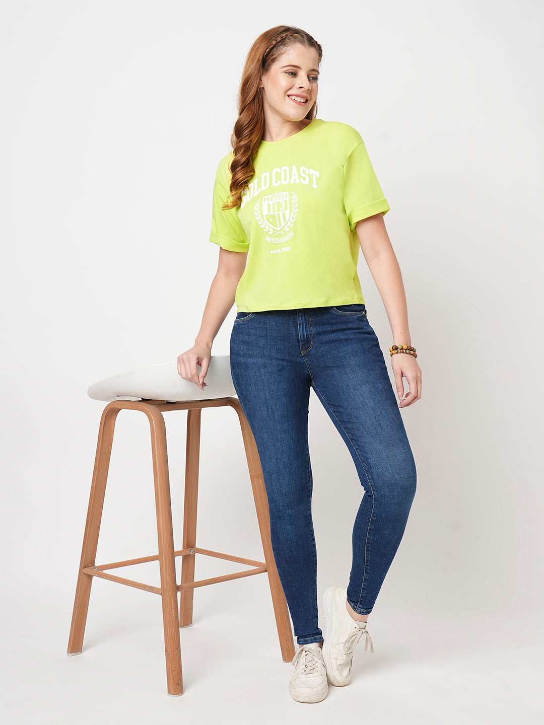 Women Slim Fit  Lime Crop  Graphic Tees