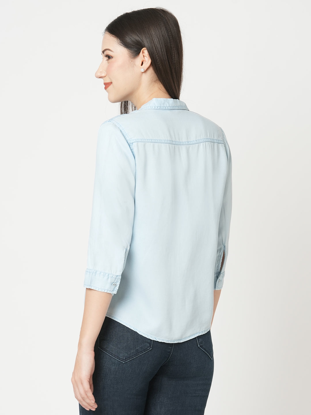 Women Slim Fit Light Blue Solid Denim Shirt