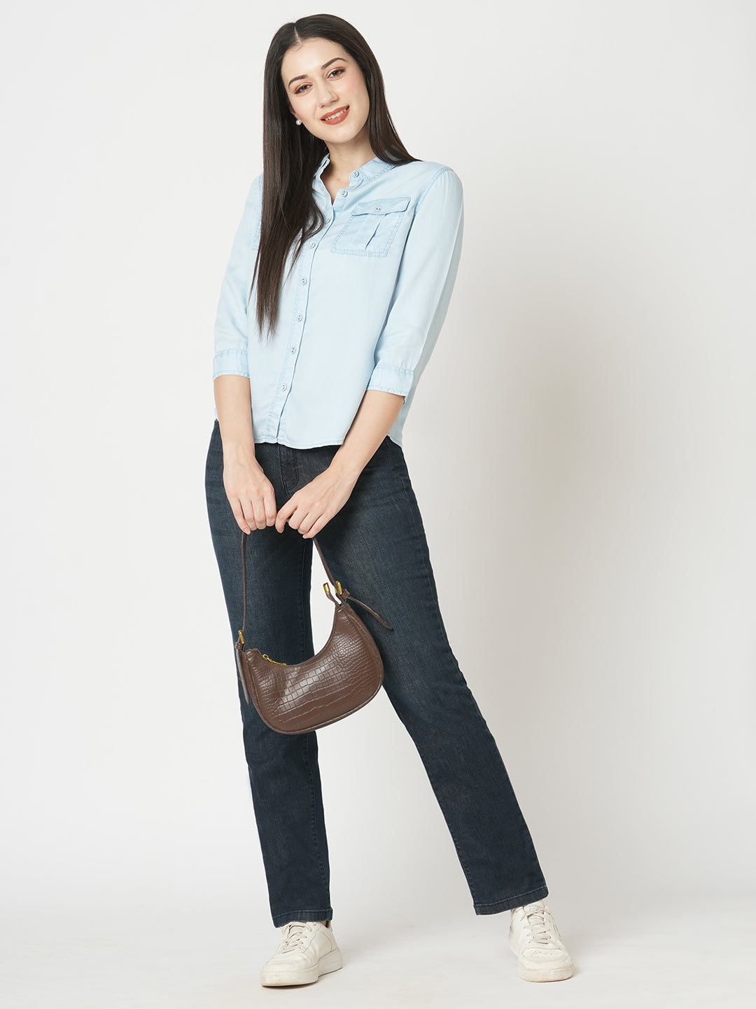 Women Slim Fit Light Blue Solid Denim Shirt